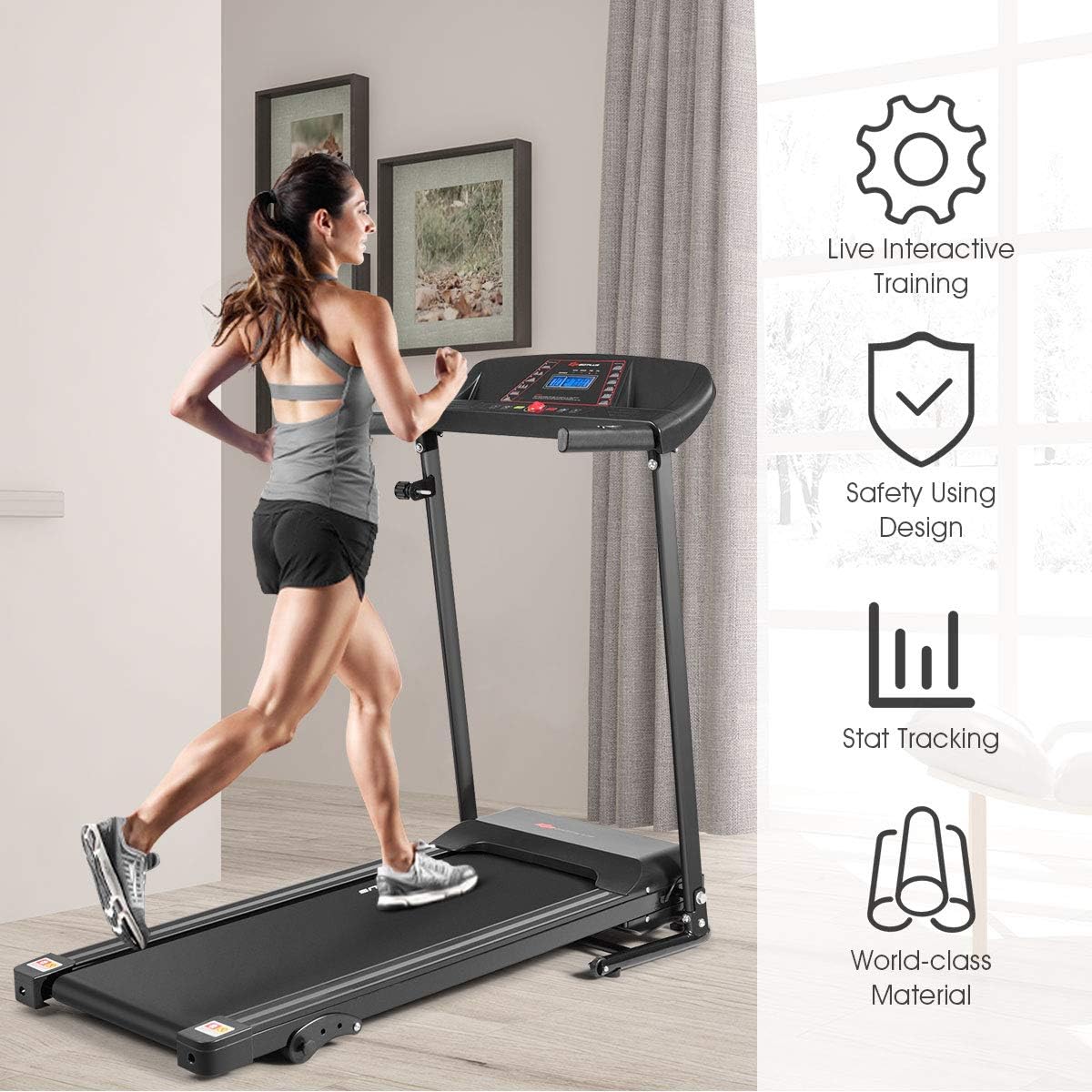 Goplus Electric Folding Treadmill, Adjustable Incline and Low Noise Design, with LCD Display and Heart Rate Sensor, Compact Running Machine for Home Office Apartment Black - Image 5