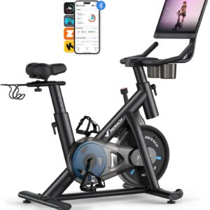 MERACH Exercise Bike, Brake Pad Stationary Bike with Exclusive App, Low Noise Indoor Cycling Bike with 300lbs Weight Capacity, Tablet Mount and Fitness Courses for Weight Loss