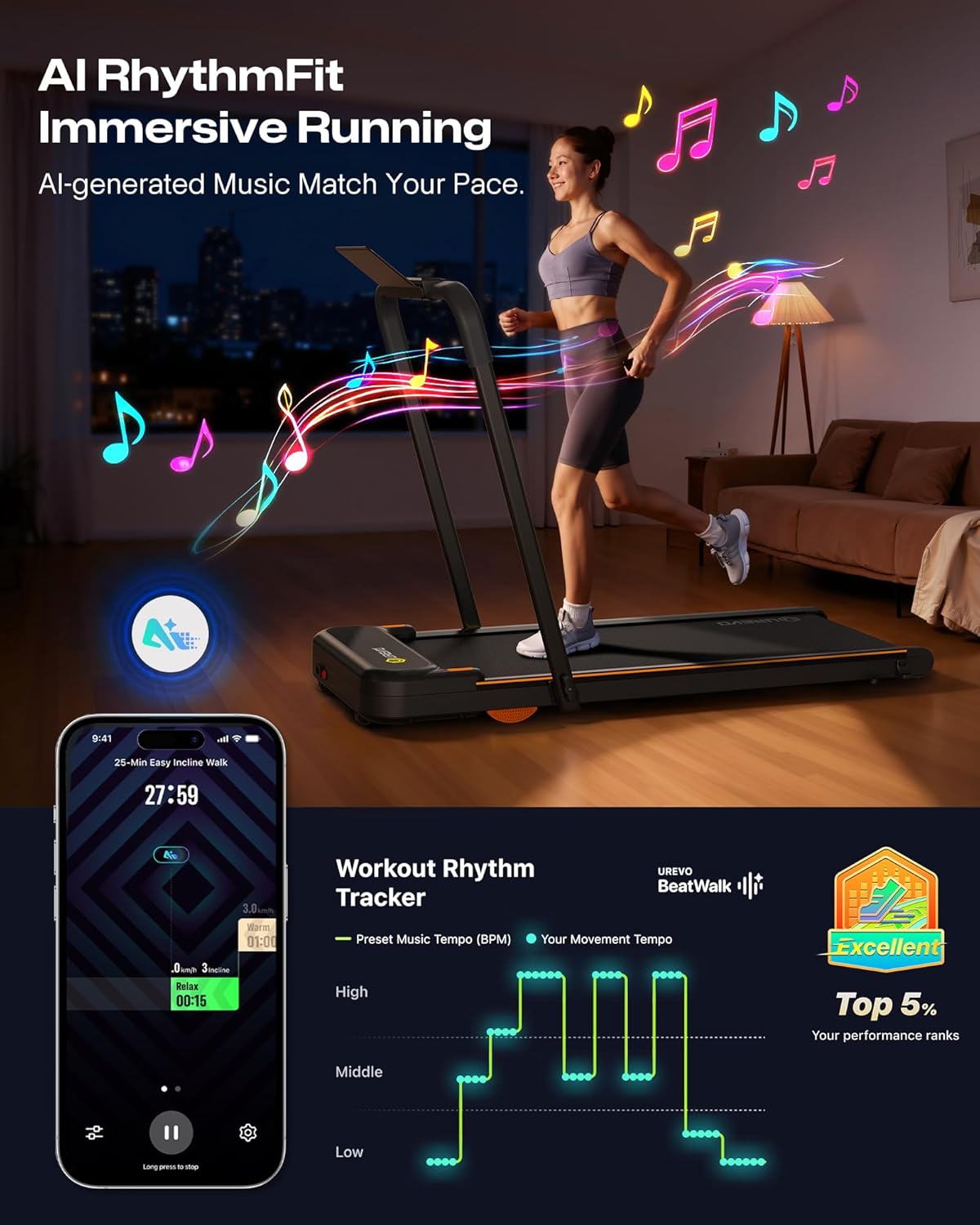 UREVO Strol 2E Smart 2-in-1 Folding Treadmill, Compact Walking Pad with Safety Handle, Plug and Play, Standing Desk Treadmill with Dual LED Display, Smart APP, Walking or Running for Home Office - Image 4
