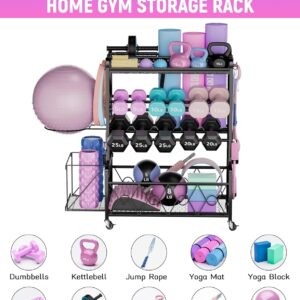 Home Gym Organizer All-in-One Yoga Dumbbell Rack Kettlebell Sets Holder, for Workout Exercise Equipment, Yoga Mat, Fitness Accessories, Home Gym Equipment Storage with Wheels