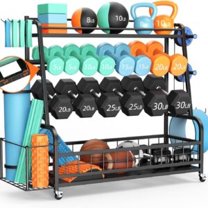 XL Dumbbell Rack Stand Only 4-Tier Adjustable Weight Rack for Dumbbells, Home Gym Storage Rack for Kettlebell Balls,Yoga Mat Storage Holder, Workout Equipment Storage Organizer with Wheels