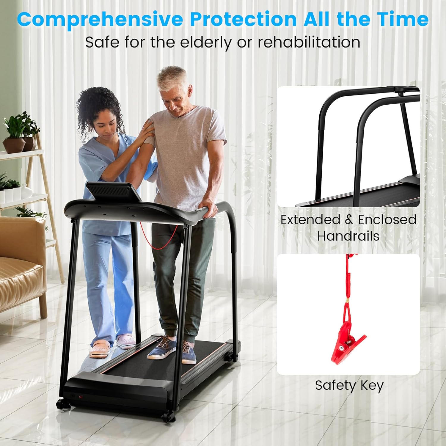 GYMAX Walking Treadmill for Seniors, 2.5HP LED Recovery Fitness Exercise Machine w/Preset Programs, Heart Rate Sensor, Device & Cup Holder, Wheeled Treadmill w/Long Handrail for Home - Image 4