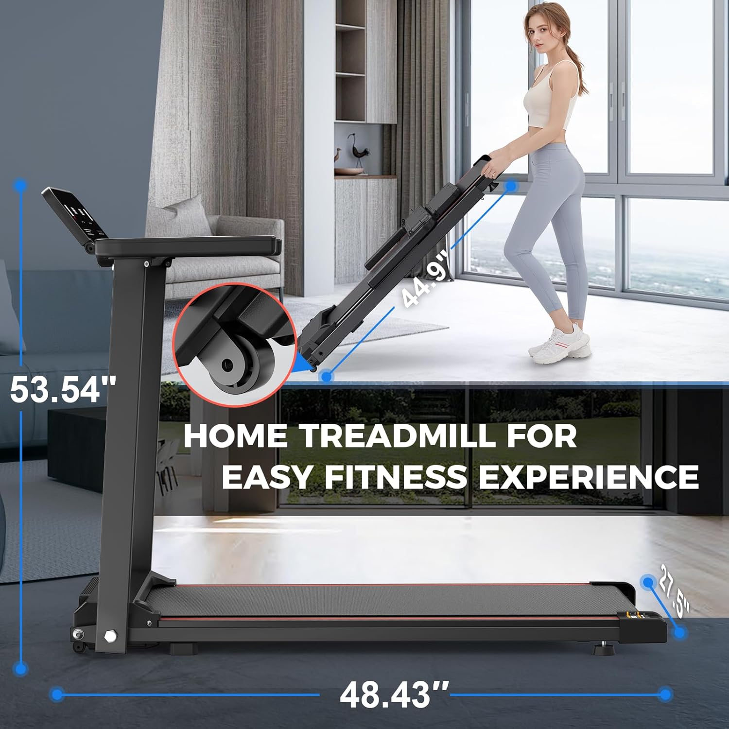 Foldable Treadmill with Handles Treadmills for Home Small Spaces 3HP Folding Treadmills Walking Pad Treadmill with Handle Bar Quiet Walking Machine, 300LBS Capacity, Portable Small Home Gym (Black) - Image 7