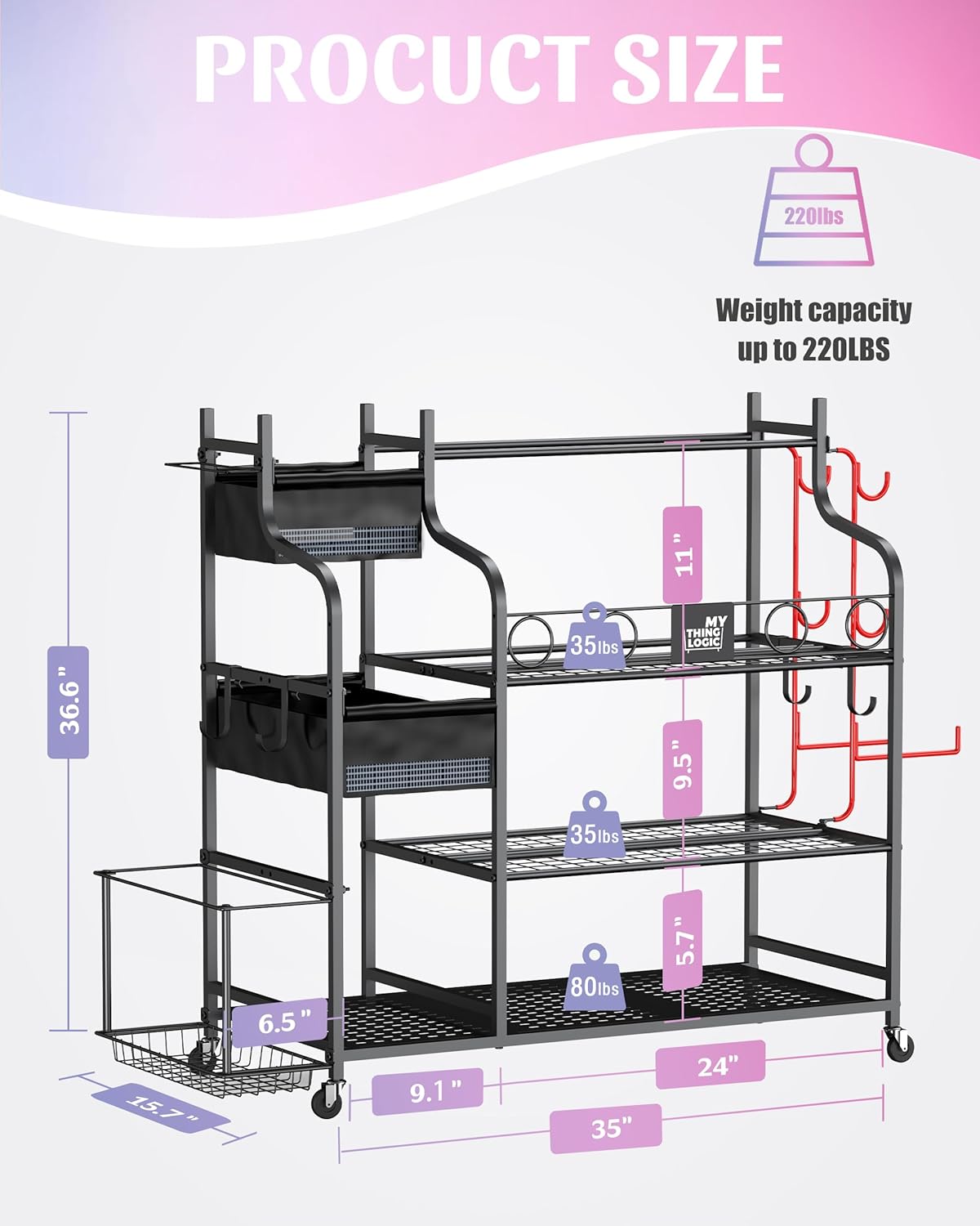 Mythinglogic Weight Rack for Dumbbells, Home Gym Storage for Yoga Mat Dumbbells Kettlebells and Strength Training Equipment, Dumbbell Rack with Wheels and Hanging Hooks - Image 7