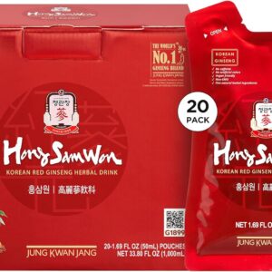 JungKwanJang Hong Sam Won Korean Red Ginseng Drink | Energy Drink, Pre Workout, Herbal Tea, Ginseng Supplement | Jujube, Ginger, Cinnamon, Goji Berry | Vegan Friendly (20 Count)