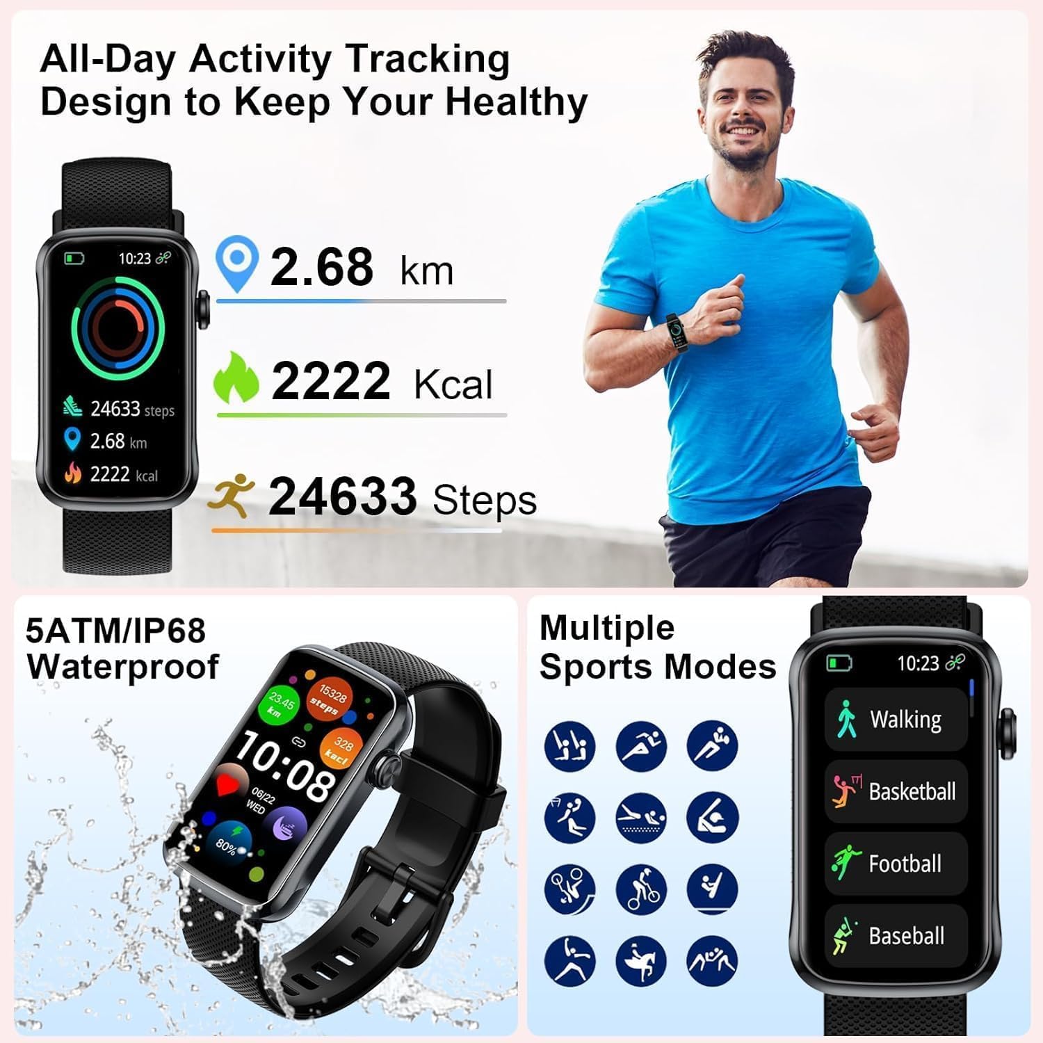 Fempoin Smart Watch, Smartwatch for Men Women with 24 Sport Modes, IP68 Waterproof Fitness Tracker with 24/7 Heart Rate/Sleep/SpO2 Monitor, Step Tracker, Pedometer, Activity Tracker for Android iOS - Image 4