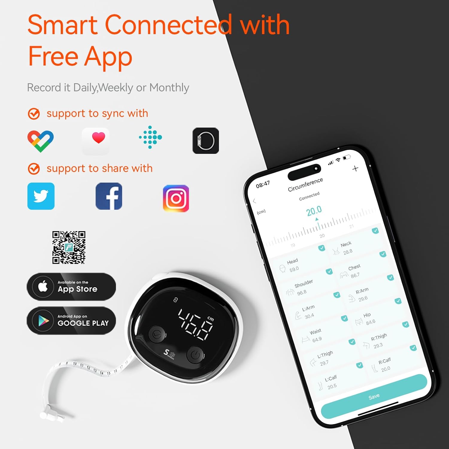 Fitdays Smart Body Tape Measure with Bluetooth Fitdays APP for Body Fat & Muscle Measurement, LED Display,Type-C,Unlimited Users (Black) - Image 6