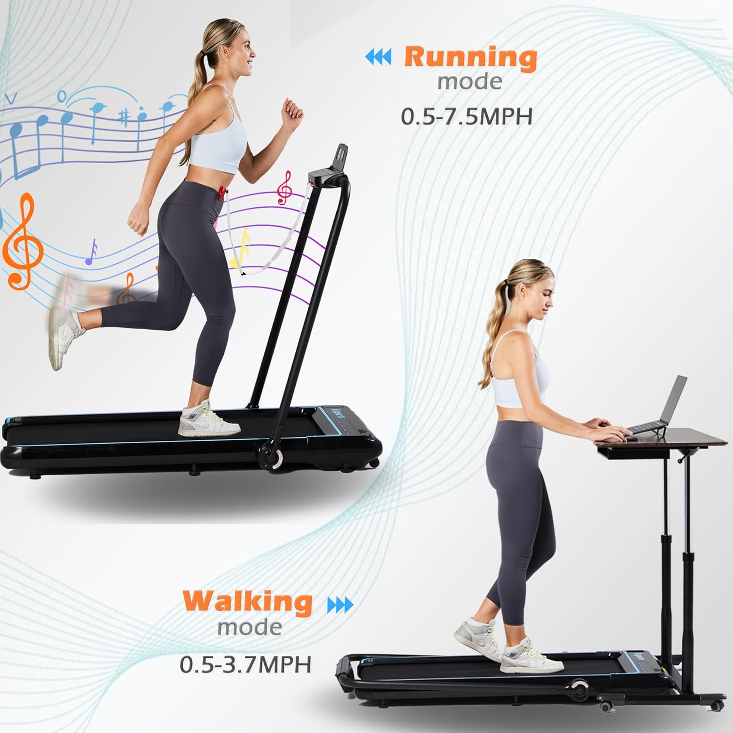 Ksports Walking Pad & Folding Treadmill – 2.5HP, Sit-Ups Mat, Bluetooth App, Portable Wheels | Incline, Desk, Dual Displays, 308 lbs & 265lbs Capacity - Image 7