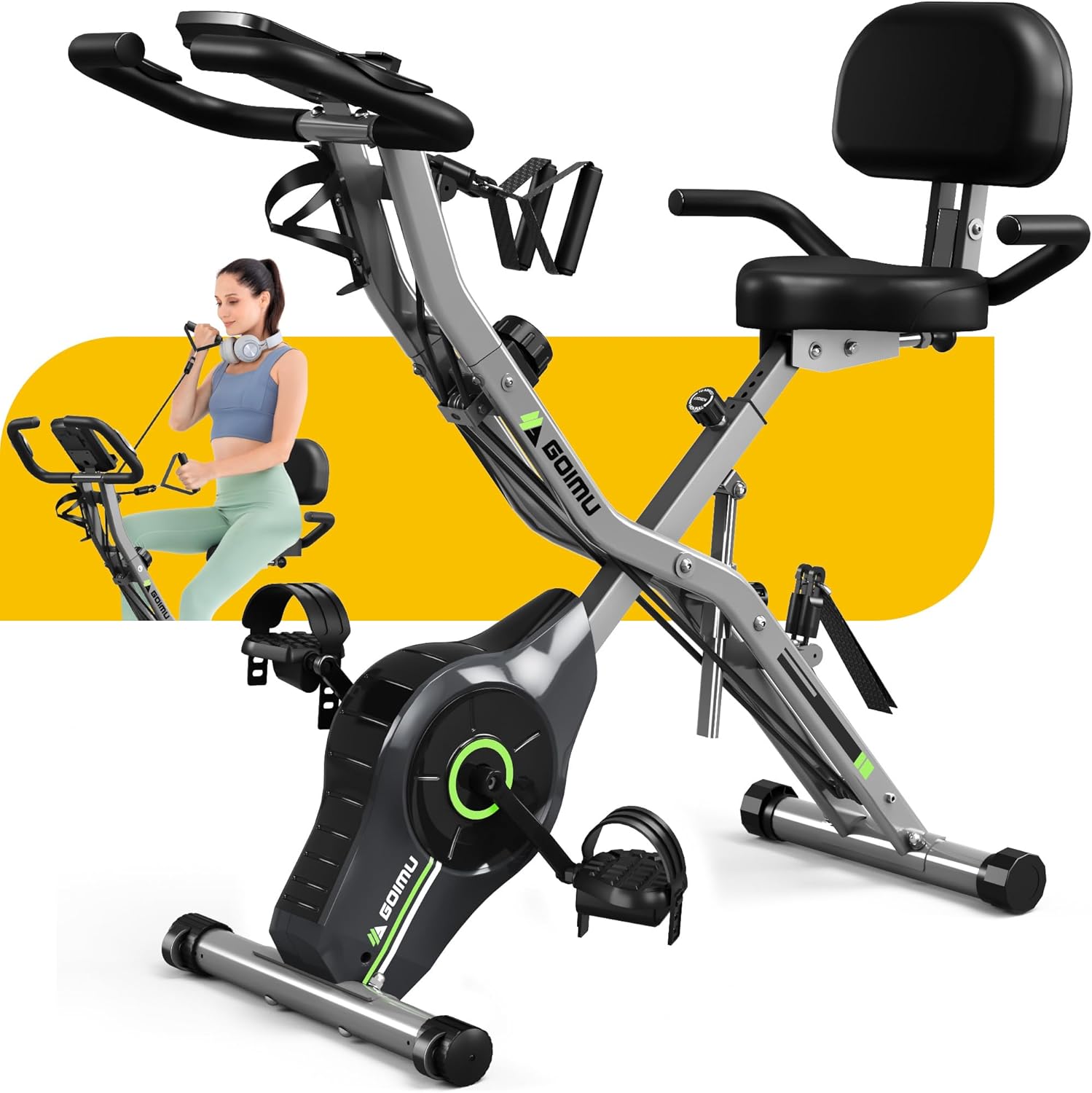 Exercise Bike, 5 in 1 Foldable Stationary Bike for Seniors, 16-Level Adjustable Magentic Resistance, Indoor Workout Bike with 330LB Capacity, Comfortable Seat Backrest X-bike