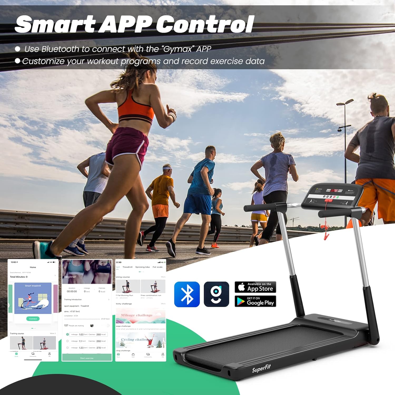 GYMAX Foldable Treadmill, 2.25HP Portable Treadmill with App Control & LED Monitor, Compact Running Walking Jogging Machine for Small Space, Home Gym Workout Fitness Folding Treadmill - Image 6