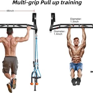 SELEWARE 48” Heavy Duty Pull Up Bar Wall Mount Multi-function Chin up Bar with Home Gym Cable Pulley System LAT Pulldown Workout Attachments Heavy Bag Hanger