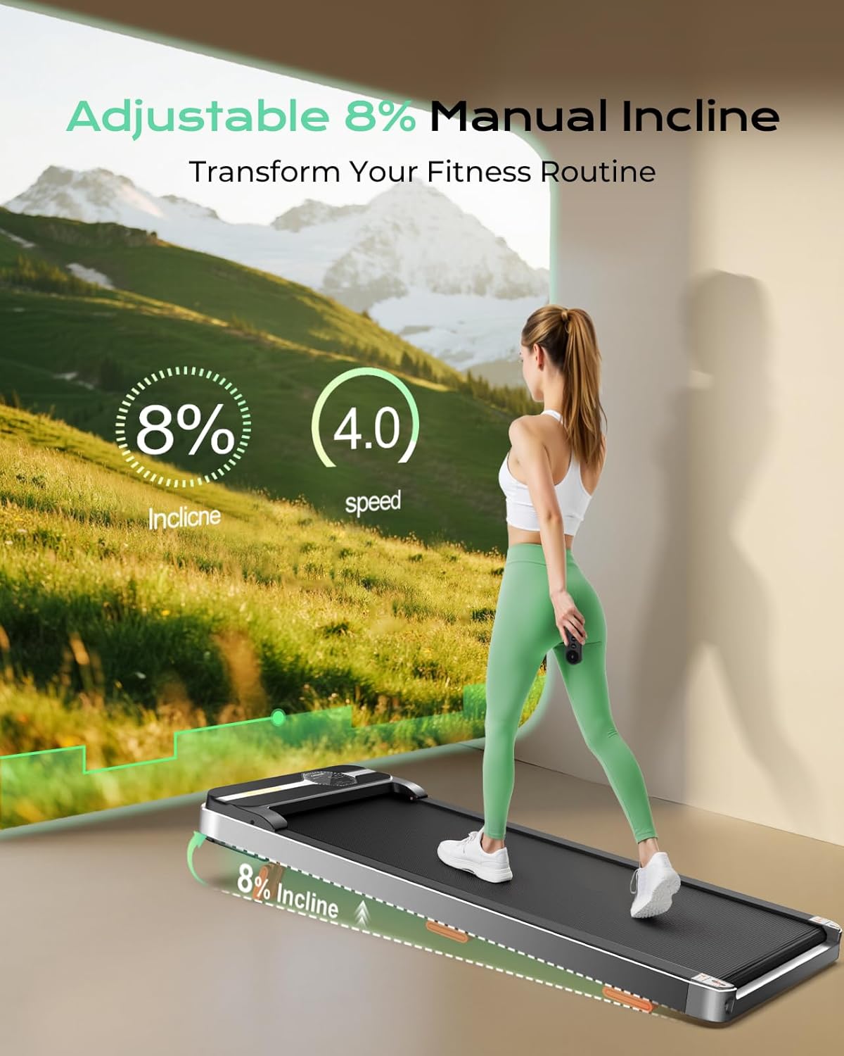 Walking Pad Portable Under Desk Treadmill with Incline 2.5HP for Home Office 265 lbs Capacity Remote Control LED - Image 2