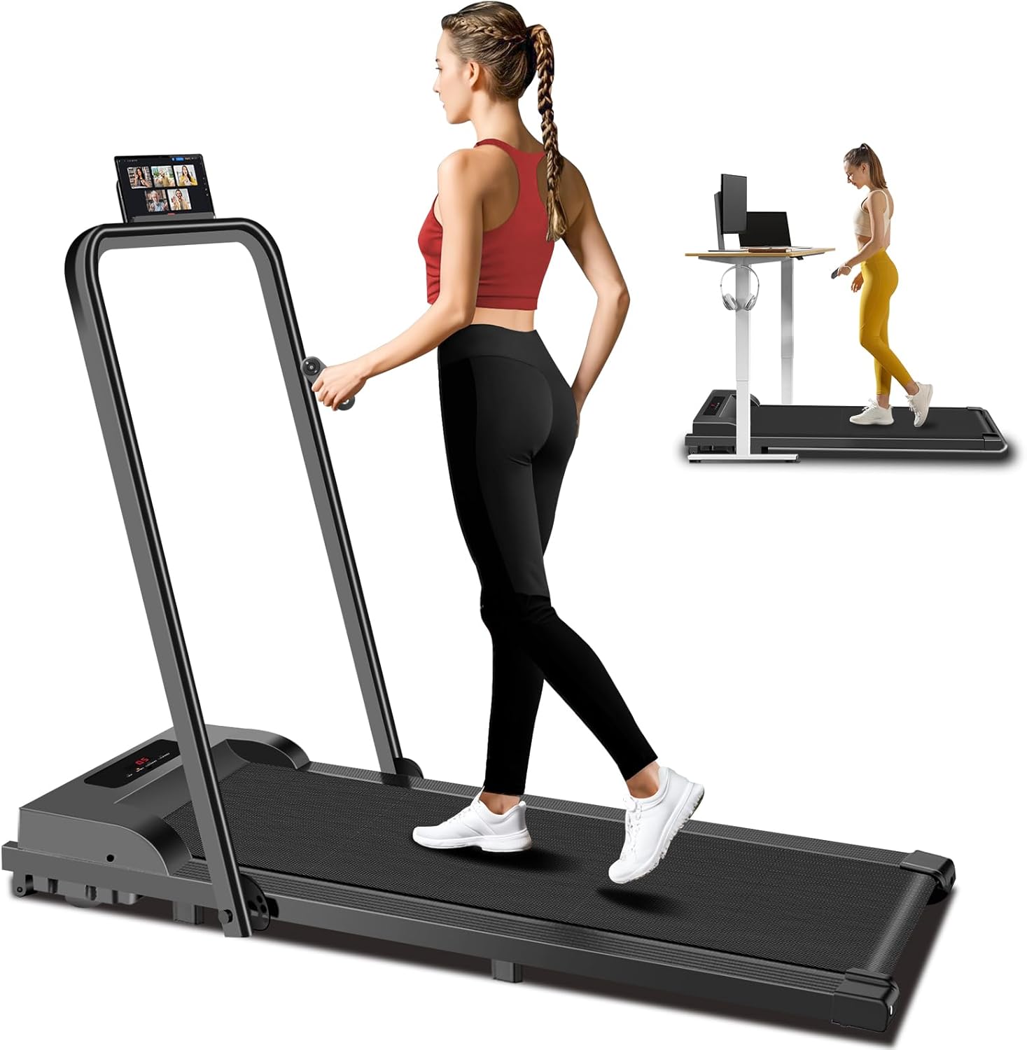 Walking Pad with Handle Bar 3 in 1 Portable Treadmills for Home Small Spaces, Foldable Under Desk Treadmills Mini Walking Pad Running Machine with Remote Control 300lbs Capacity