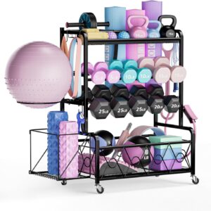 Home Gym Organizer All-in-One Yoga Dumbbell Rack Kettlebell Sets Holder, for Workout Exercise Equipment, Yoga Mat, Fitness Accessories, Home Gym Equipment Storage with Wheels