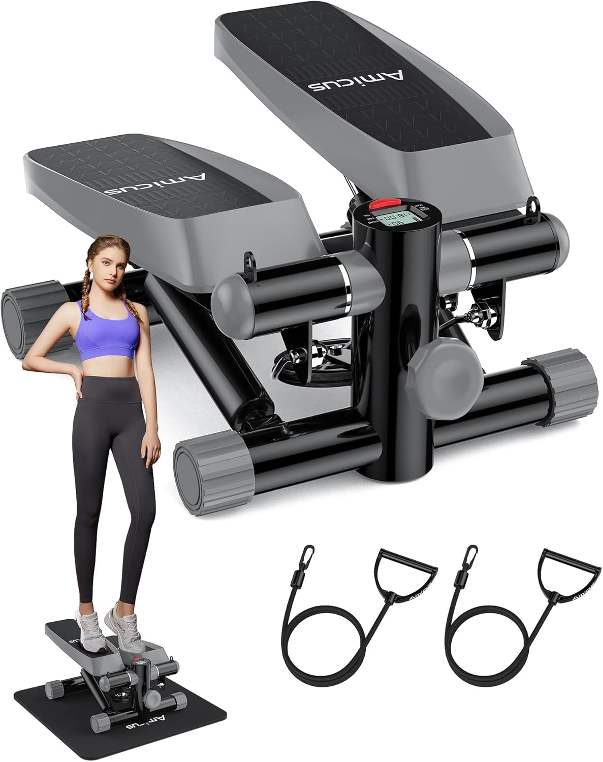 Amicus Mini Stepper with Handlebar for Exercise, Stair Stepper with Resistance Band, Hydraulic Fitness Stepper Machine for Home, 330lbs Weight Capacity