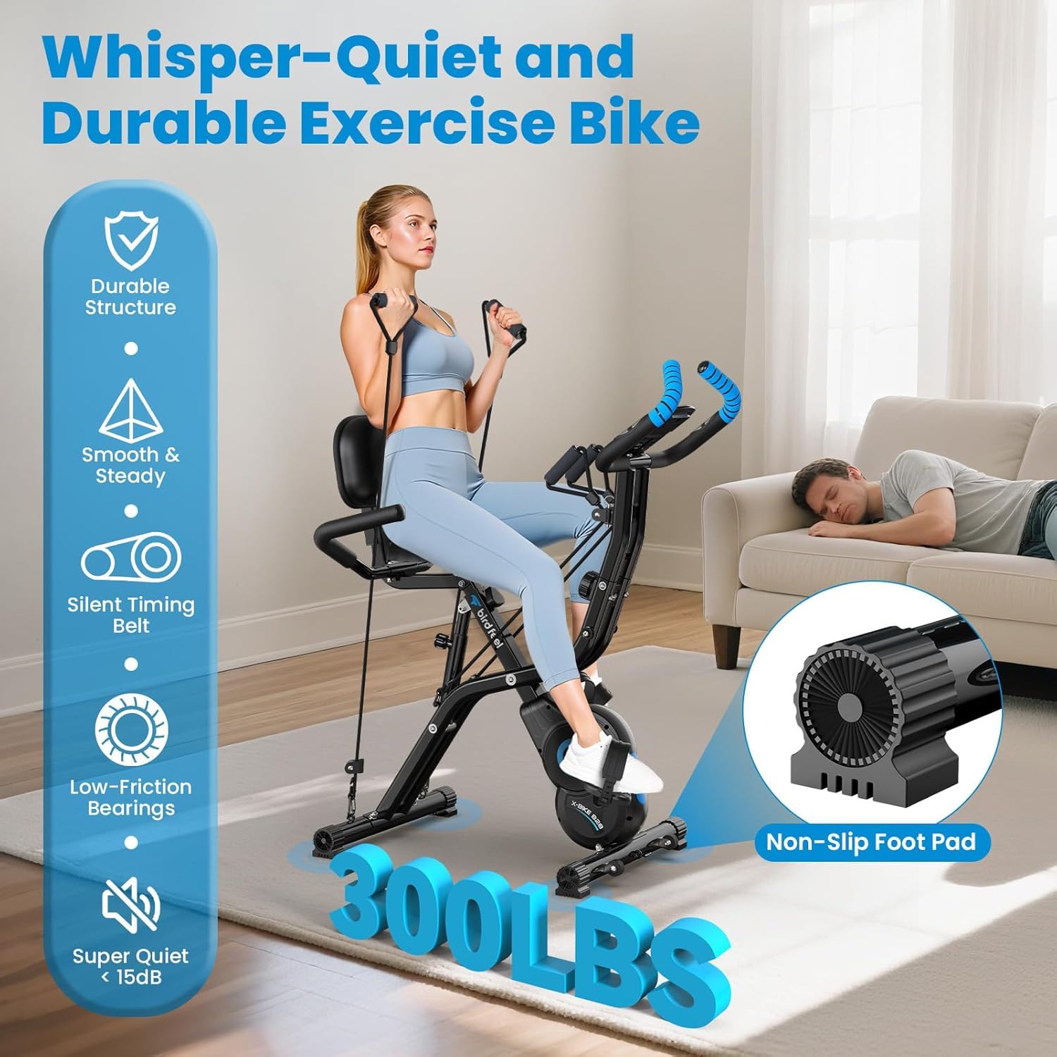 Foldable Exercise Bike, Multifunctional Indoor Stationary Bikes for Home with 8-Level Magnetic Resistance, Quiet Workout Bike with Arm Resistance Bands, LCD Monitor, 300LBS Capacity (Blue) - Image 4