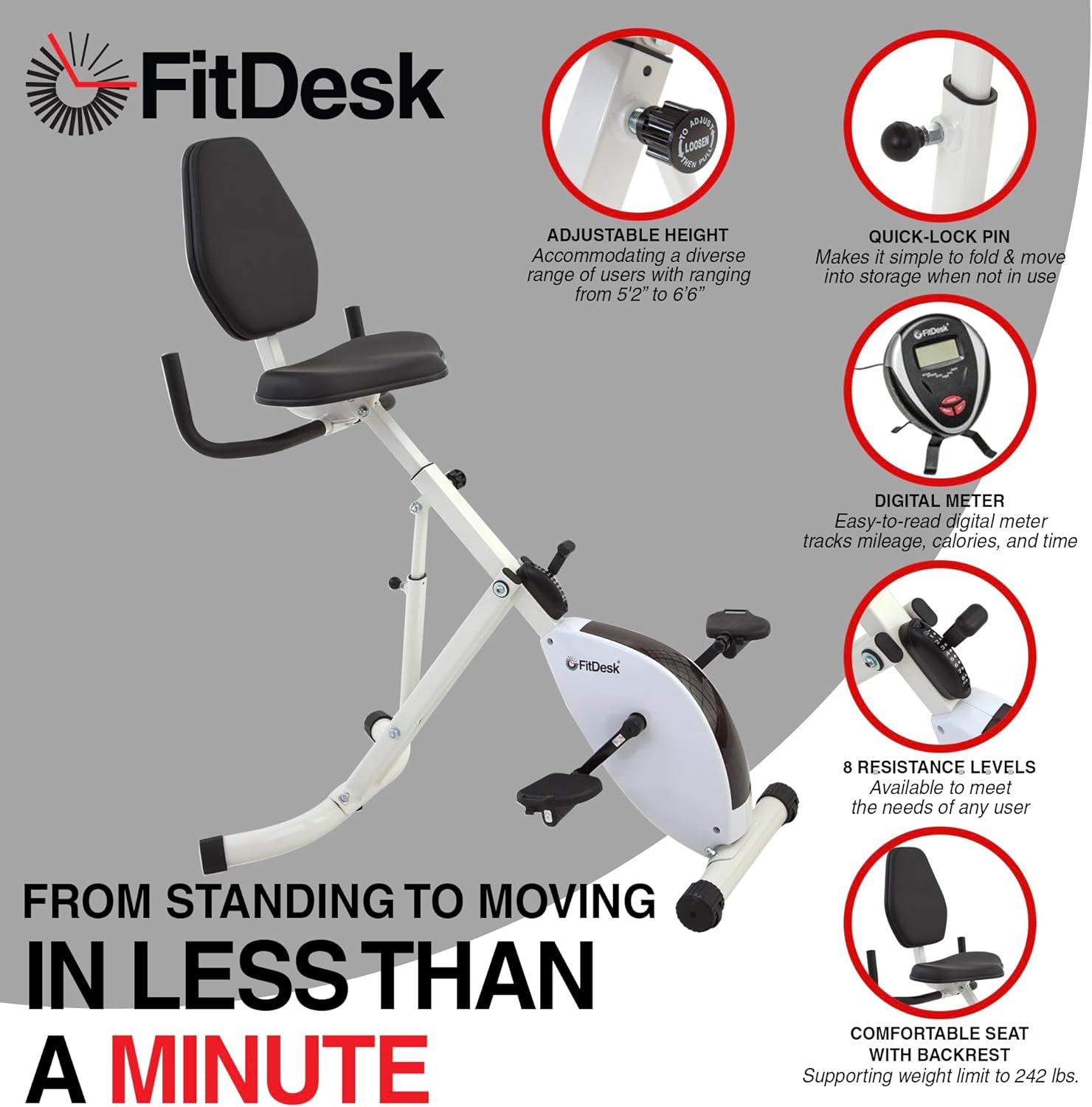 FitDesk Height Adjustable Exercise Desk Bike with Digital Performance Monitor, 8 Resistance Levels, Foldable Frame, Supportive Seat with Backrest, Supports Up to 242 lbs for Home & Office, White - Image 3