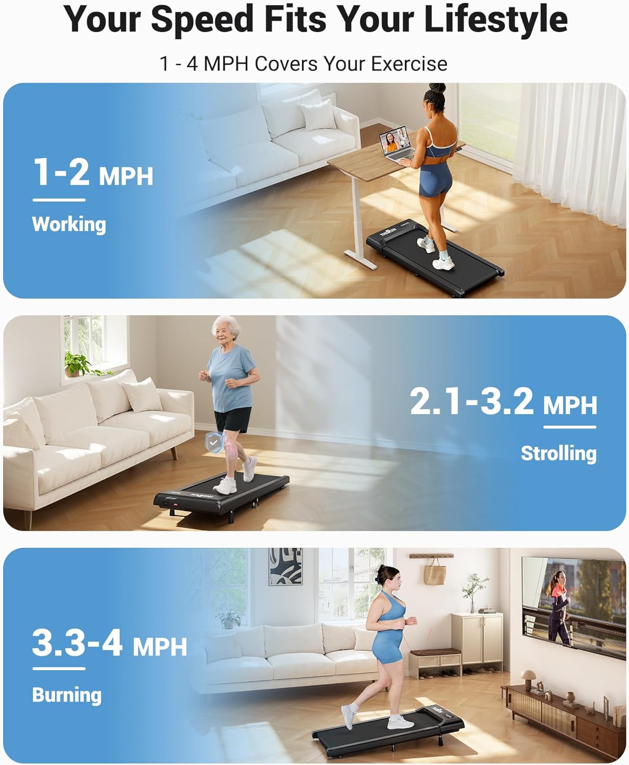 THERUN Walking Pad Treadmill Under Desk, Portable Mini Treadmill for Home/Office, Walking Pad Machine with 2.5HP and 265 lbs Weight Capacity Remote Control LED Display - Image 4