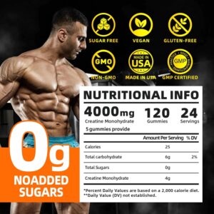Creatine Monohydrate Gummies for Men & Women, 4g of Creatine Monohydrate per Serving for Maximum Power Strength, Performance, Sugar Free, Vegan, Pre-Workout Supplement(120 Count)-Orange