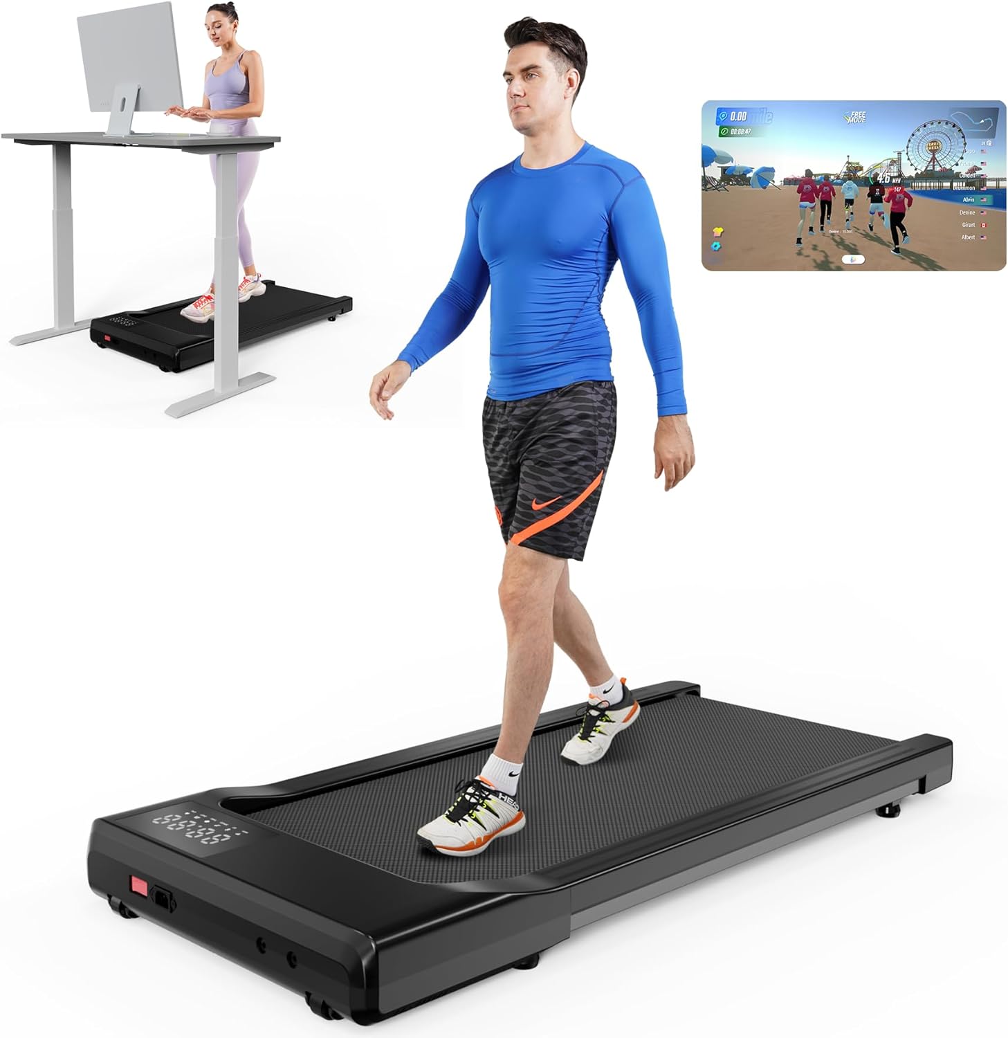 DeerRun 2025 Upgrade Walking Pad - Raceable Smart Under Desk Treadmill with Rewards Program, Quick Setup, 2.5HP, APP/Remote Control, LED Display, 300 lbs Capacity