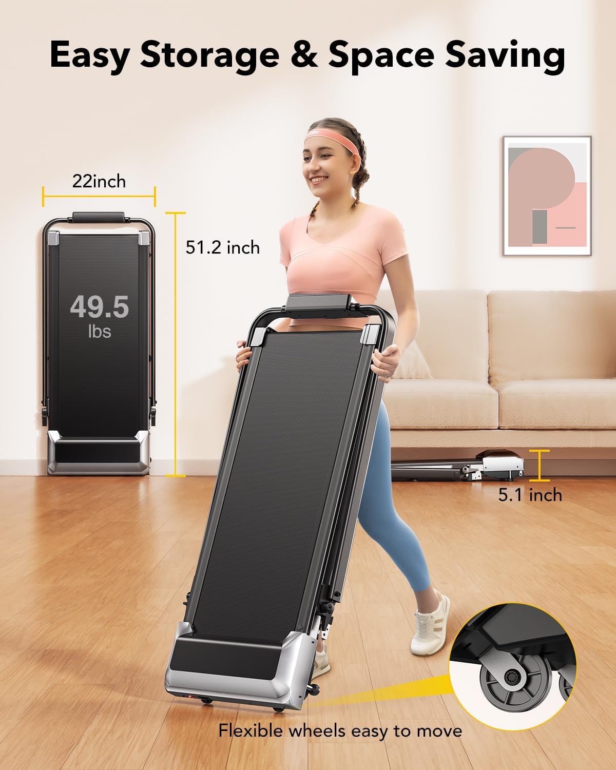 Walking Pad Under Desk Treadmill with Incline, 2 in 1 Folding Treadmill for Home/Office, Portable Compact Treadmills with Remote Control, APP & LED Display 300LBS Capacity - Image 5