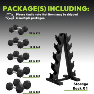 Hex Weights Dumbbells Set with Rack, 100-550 lb Rubber Coated Dumbbell Sets with Storage, Free Hand Weight for Strength Training, Exercise, Fitness, Home, Gym, Heavy Duty