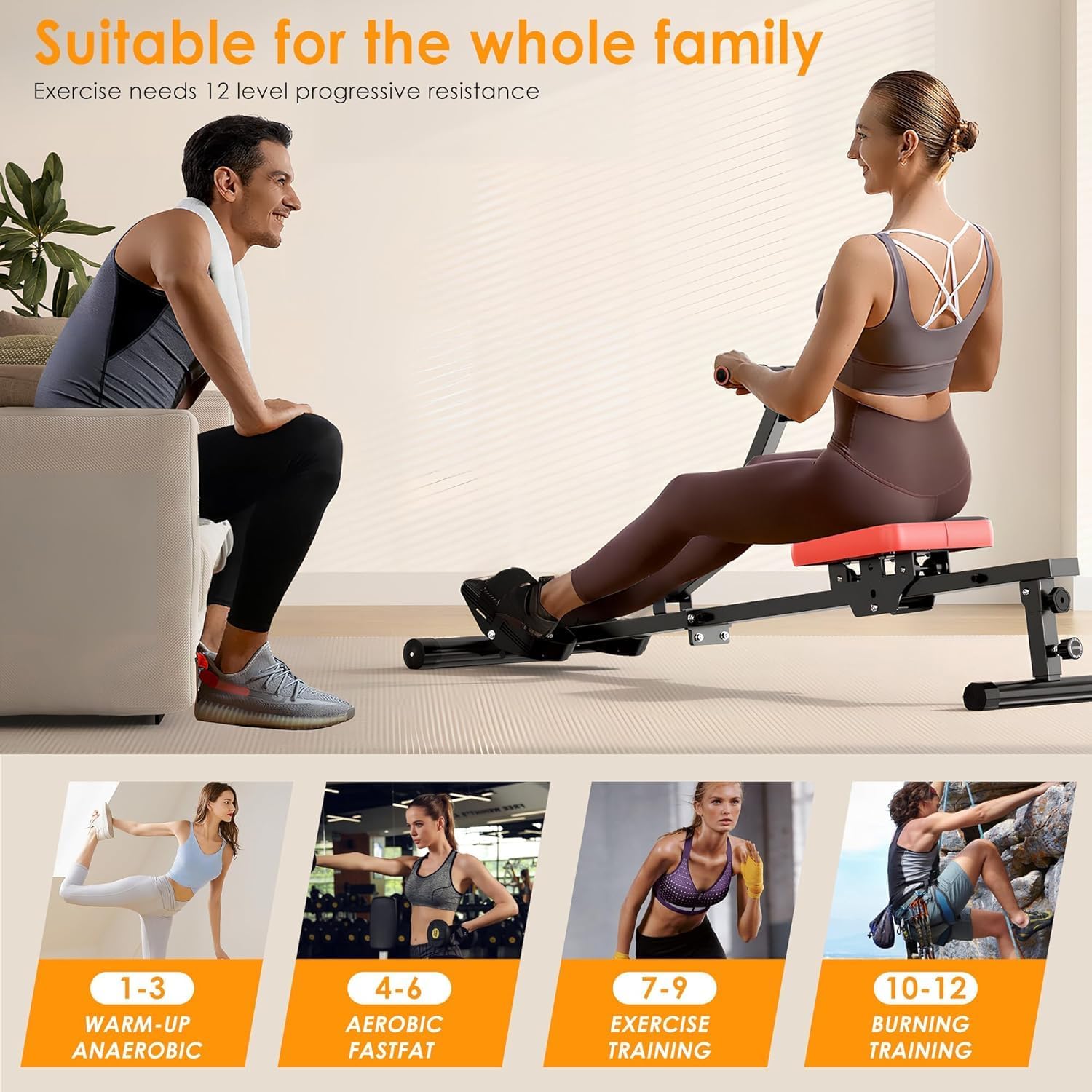 SogesHome Foldable Rowing Machine for Home Use, 12-Level Resistance Rower with Digital Monitor, Foam Handles & Transport Wheels - Indoor Cardio Fitness Workout Equipment for Gym Home, Black&Red - Image 4