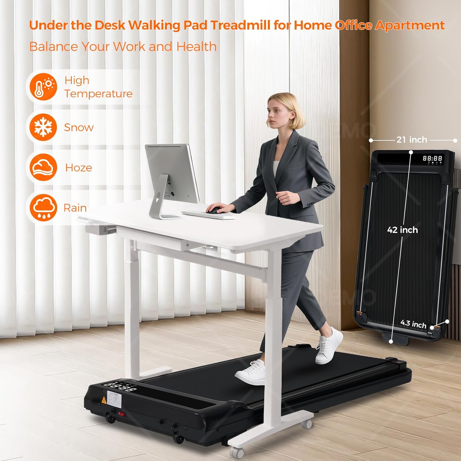 Portable Compact Treadmill with Handles for Home Small Spaces, Foldable Folding Walking Pad Treadmill with Handle Bar, 3.0HP Electric Walking Pads Treadmills Home with 320LB Capacity, LED Display - Image 5