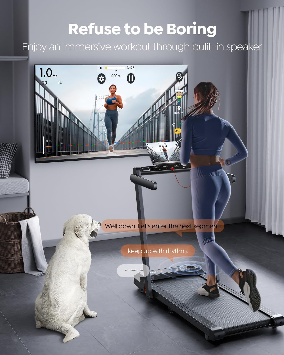 2 in 1 Folding Treadmills for Home Small Office, 2.5HP Walking Pad Treadmill with Handle Bar, 300lbs Capacity, Copmact Protable Treadmill with Smart APPs, 12 HIIT Modes and Touch Screen - Image 6