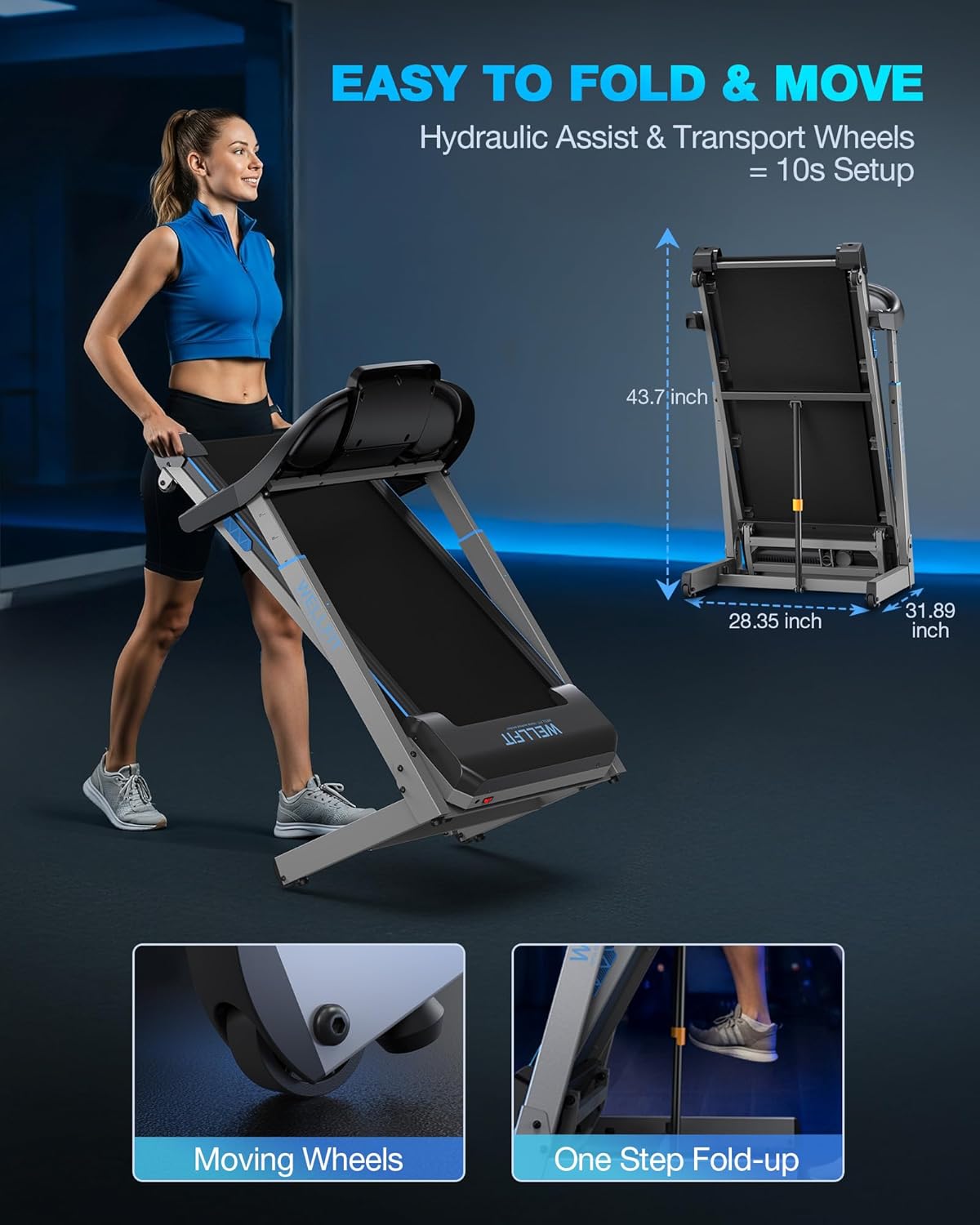 WELLFIT Auto Incline Folding Treadmill - 10% Incline Desk Walking Pad Treadmill with Handlebar, 400 lbs Heavy-Duty Capacity, Space-Saving Quiet Under-Desk Design for Home Office, Seniors & Fitness - Image 9