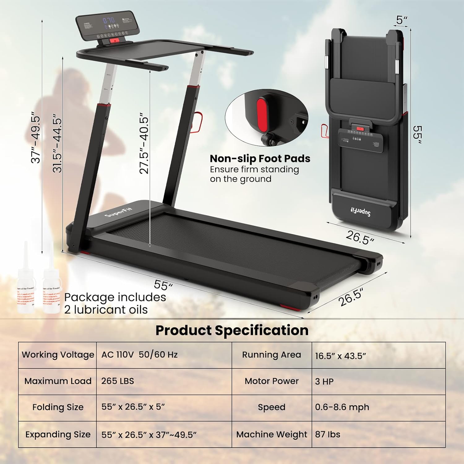 GYMAX Foldable Desk Treadmill with Height Adjustable Desktop, Portable Running Walking Jogging Machine for Workout, Compact for Small Space Office Home Gym - Image 7