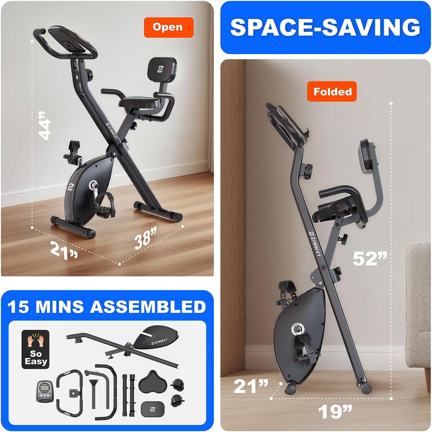 ZIWWVY- Foldable 3-in-1 Exercise Bike for Home – Upright & Recumbent Stationary Bike with 330 lbs Capacity, 8-Level Magnetic Resistance, Arm Bands & Pulse Sensor, Easy Assembly, 2025 upgrade X-bike - Image 4