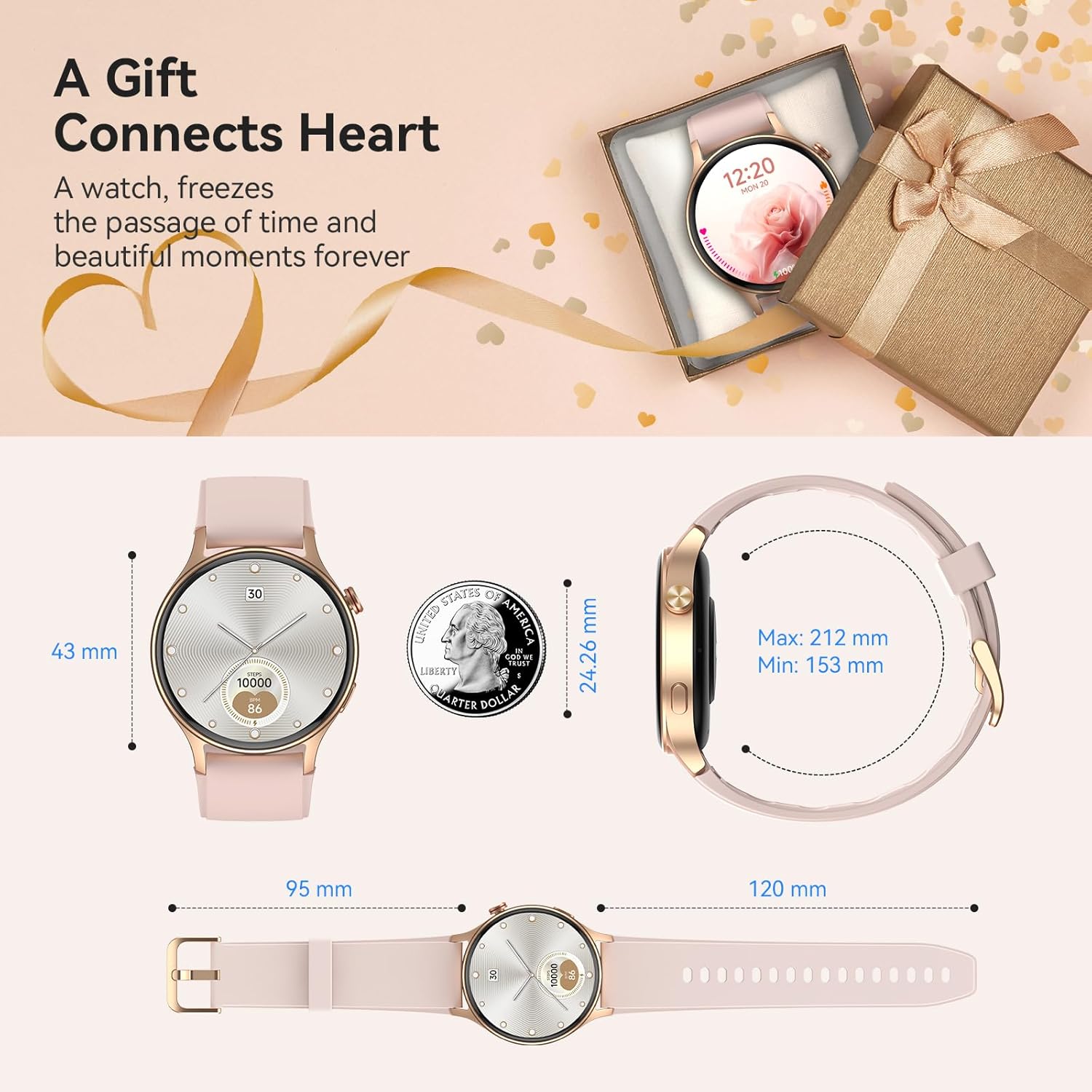 43mm Women’s Smart Watch with 1.32" AMOLED display, Bluetooth calling, heart rate, sleep & SpO₂ monitor, 110+ sports modes, 3ATM waterproof, fitness tracker compatible with iPhone, Samsung & Android. - Image 6