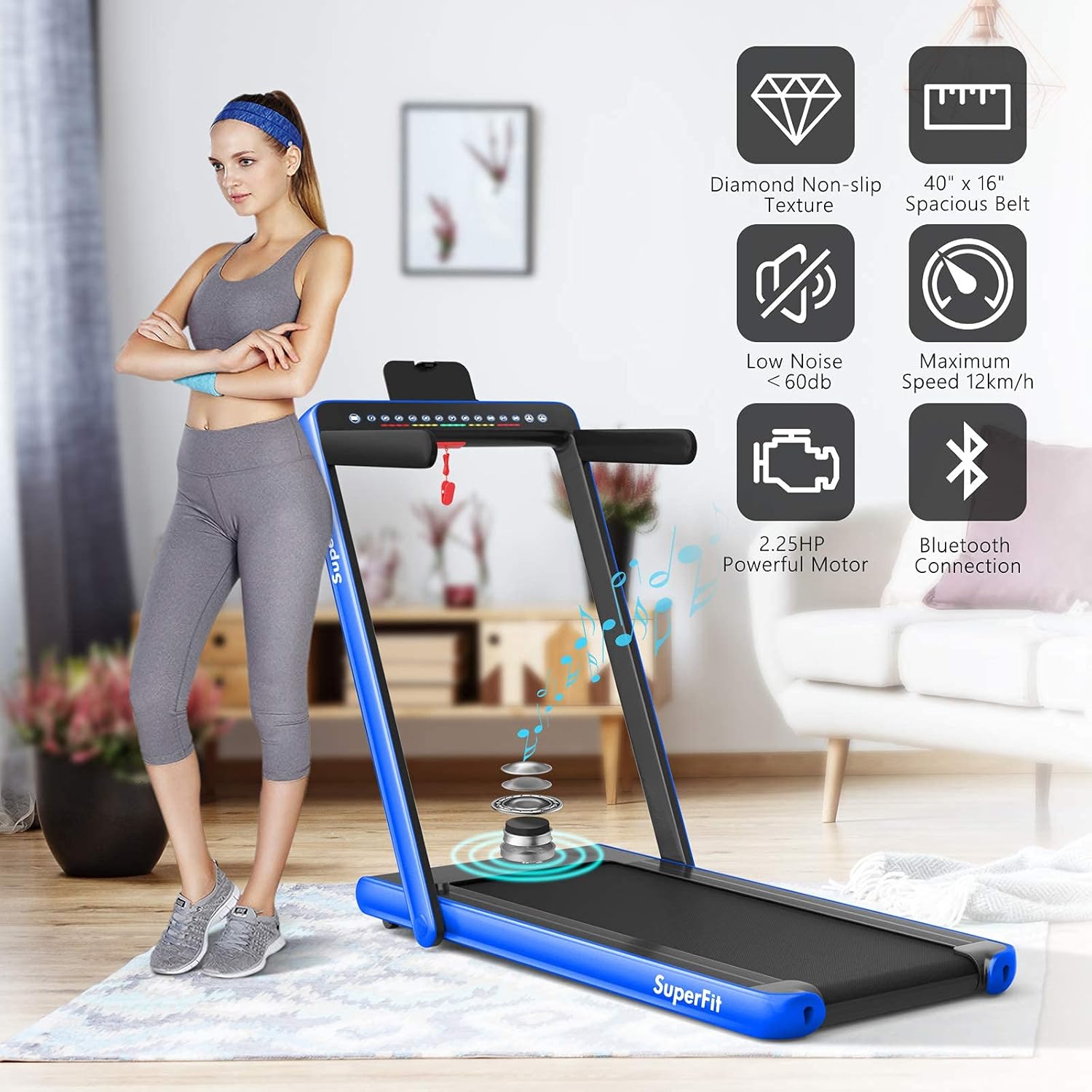 Goplus 2 in 1 Folding Treadmill with Dual Display, 2.25HP Superfit Under Desk Electric Pad Treadmill, Installation-Free, Blue Tooth Speaker, APP Control, Remote Control, Walking Jogging for Home - Image 8