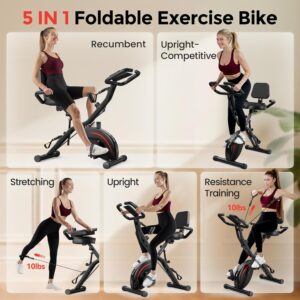 Pleny Folding Exercise Bike, 5 IN 1 Stationary Bikes for Home 6.6 LBS Flywheel, 330LB Weight Capacity Back Support Cushion Indoor Workout Cycling Bike for Home Gym