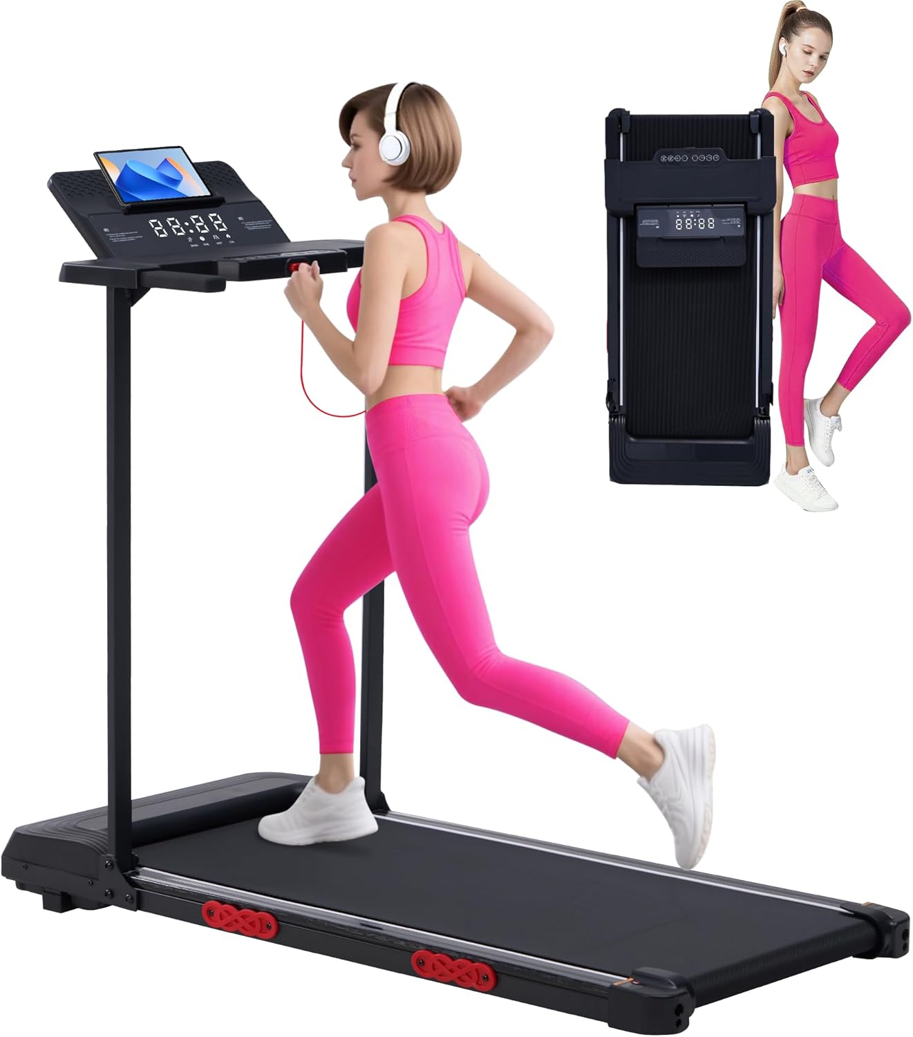 Walking Pad Treadmill with Handle Bar, Portable Treadmill with Handles for Home Apartment Small, 3.5HP & 0.6-10MPH Electric Small Treadmills Home with Big Screen, 400LBS