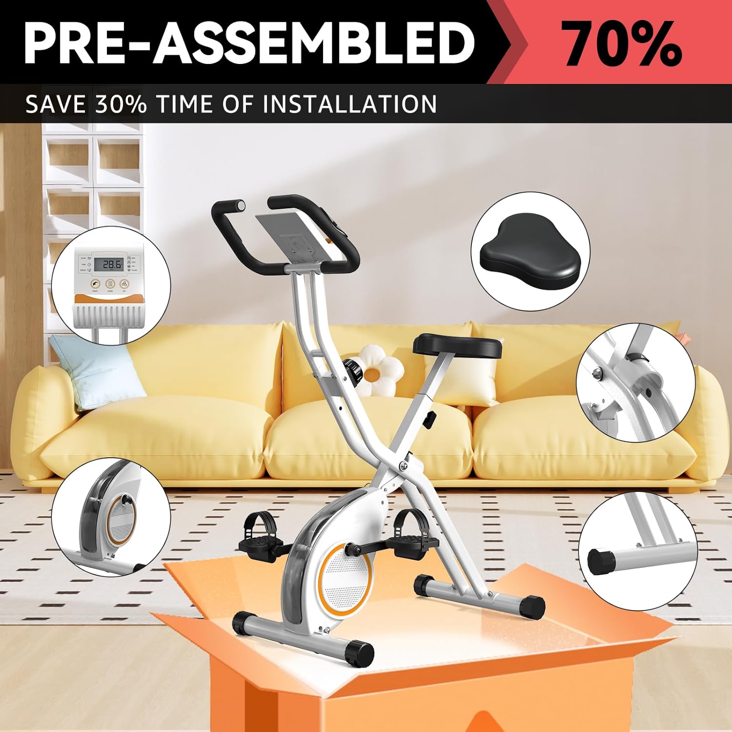 Indoor Exercise Bike for Seniors, 5 IN 1 Foldable Stationary Bike with 16-Level Magnetic Resistance and Tri-Position Ride, 300LBS Capacity, 5.5 LBS Flywheel, for Home Workout 817 Black - Image 3