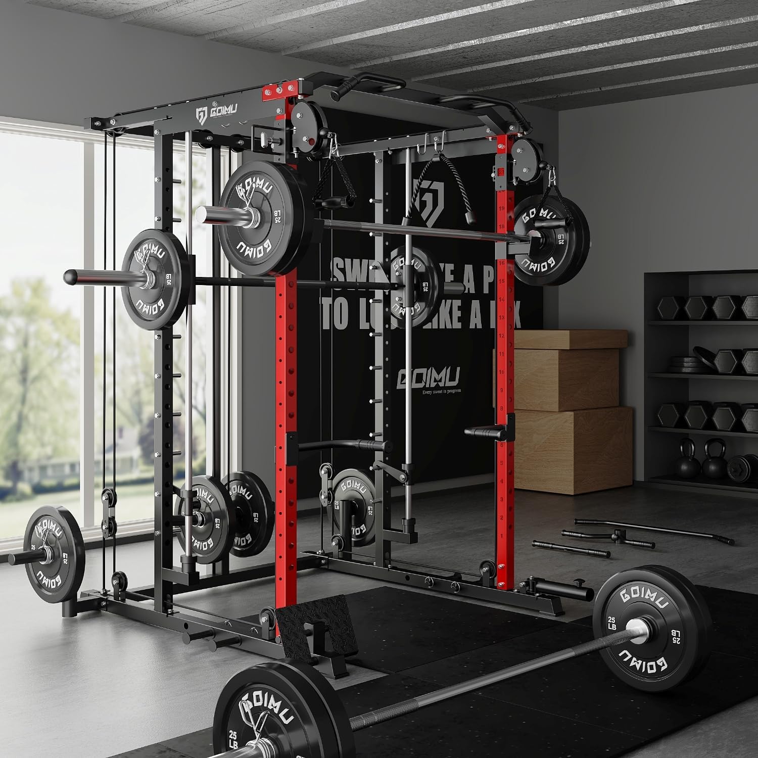 S1-V4 Smith Machine, 2000LBS Power Cage with Cable Crossover System, All-in-One Squat Rack with Smith Bar, Workout Cage Strength Training Equipment with Attachments - Image 9