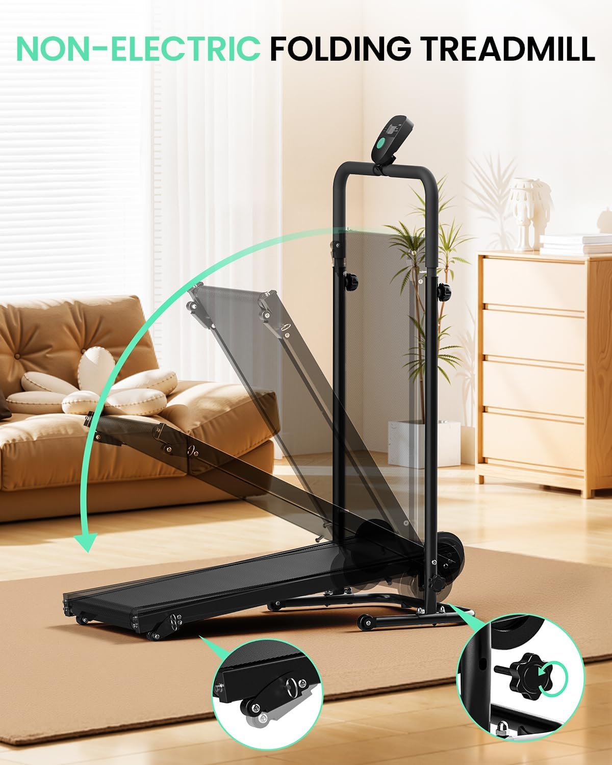 Non-Electric Treadmill with Dual Flywheel & Fixed Incline - FUNRAY Motorless Treadmill LCD Monitor, Non-Slip Belt, Compact Foldable Design for Small Home/Gym Use, Soft Foam Grips for Walking/Jogging - Image 7