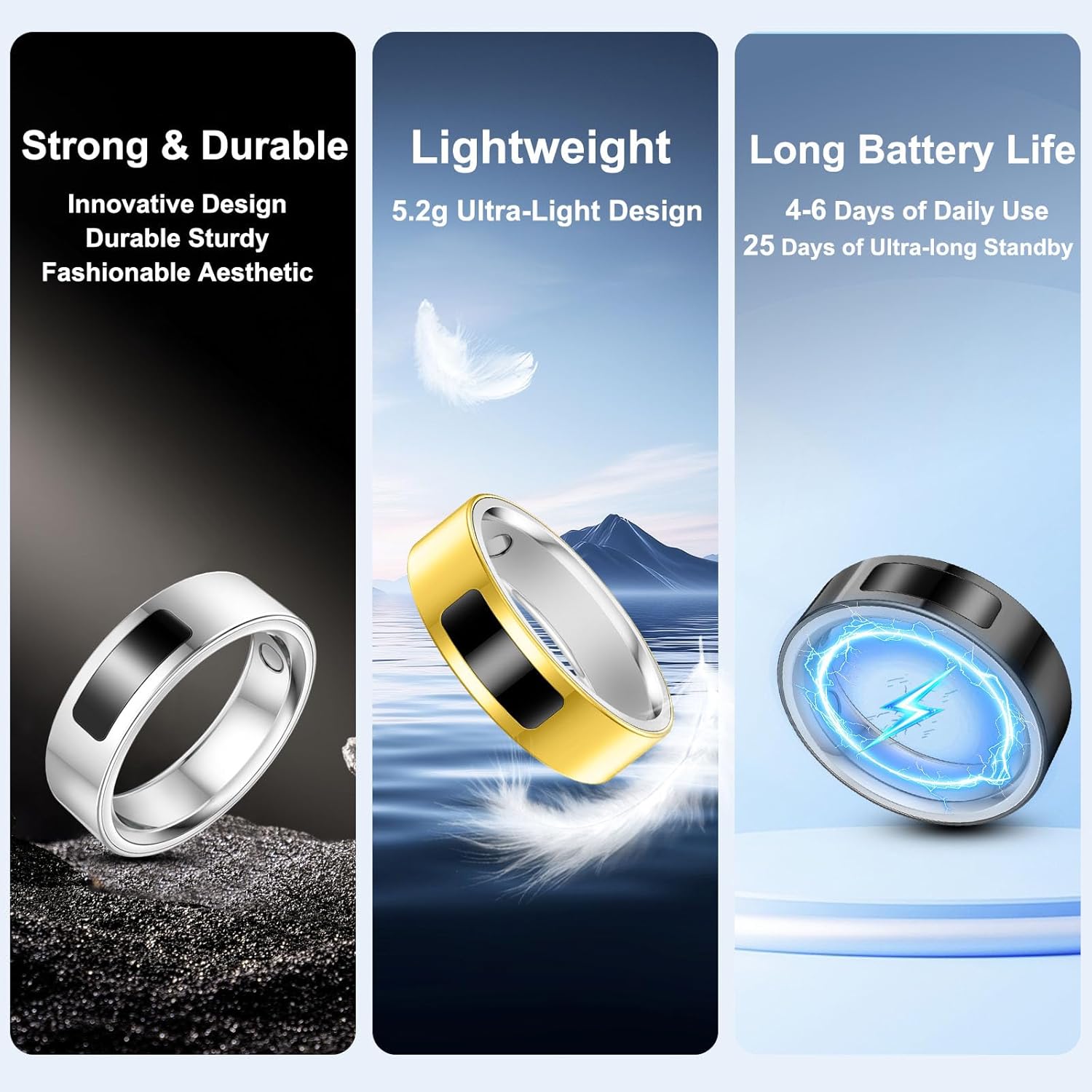Smart Health Ring for Women Men, Vibration Alert, Touch Control, Fitness Tracker Ring with Sleep/Women's Health/Heart Rate/Steps, IP68 Waterproof for iPhone and Android, Silver 9, No Subscription - Image 7