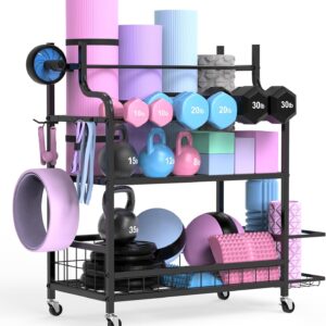 Dumbbell Rack, 3 Tier Metal Weight Rack, High Volume Home Gym Equipment Storage for Kettlebells, Yoga Mat, Foam Roller, etc, Multifunctional Storage Rack with Wheels and Hooks