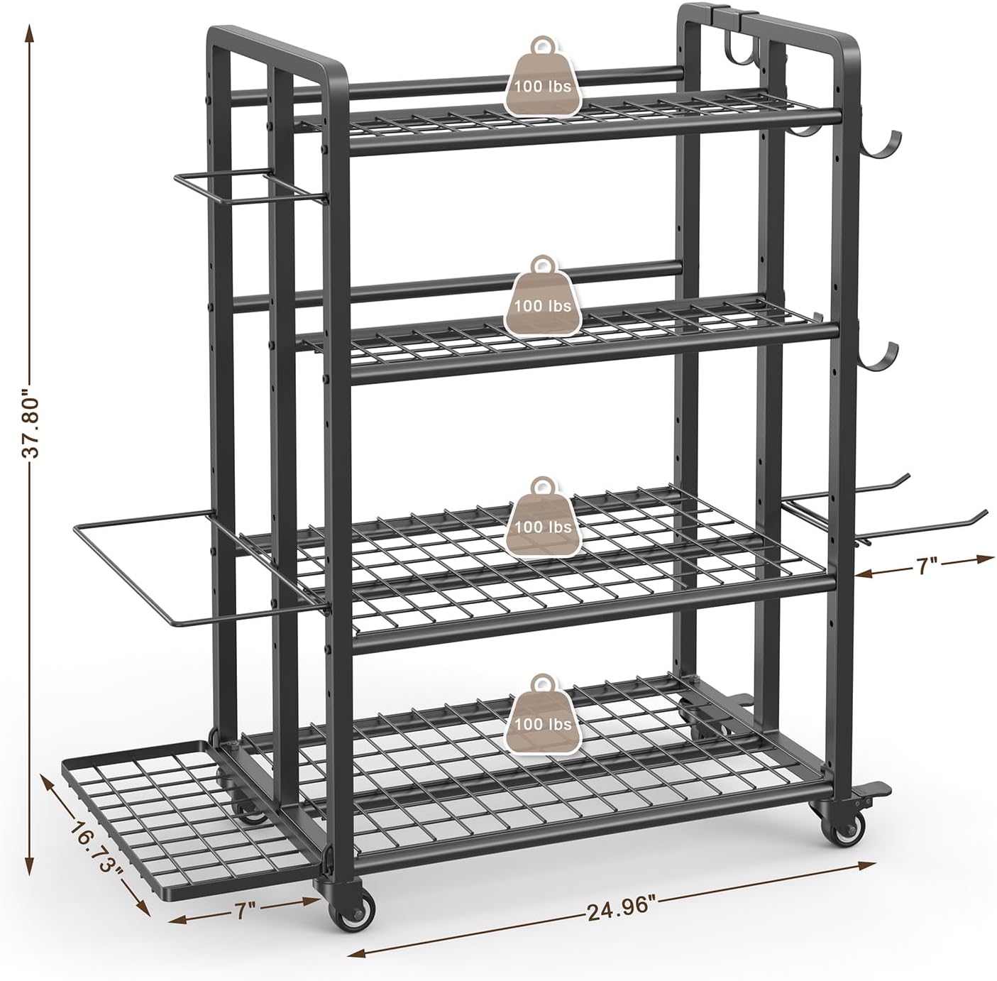 4-Tier Dumbbell Rack Stand Only, Adjustable Weight Rack for Dumbbells Kettlebells Yoga Mat, Home Gym Storage Rack with Wheels and Hooks, Powder Coated Finish - Image 5