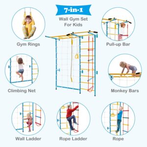 HONEY JOY Climbing Toys for Toddlers, Upgrade Metal Indoor Kids Gym for Solid Wall, Playground and Climbing Exercise Set with Rope Ladder, Pull-up Bar, Monkey Bars, Gymnastic Rings (7 in 1)