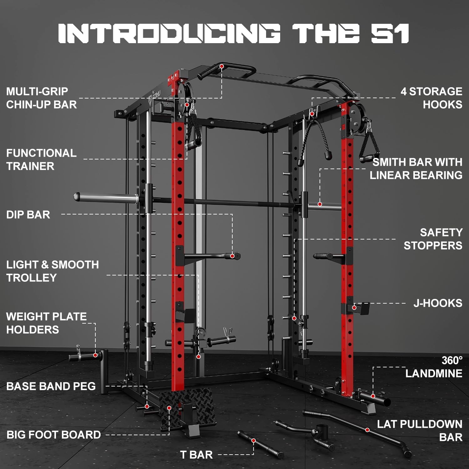S1-V4 Smith Machine, 2000LBS Power Cage with Cable Crossover System, All-in-One Squat Rack with Smith Bar, Workout Cage Strength Training Equipment with Attachments - Image 5