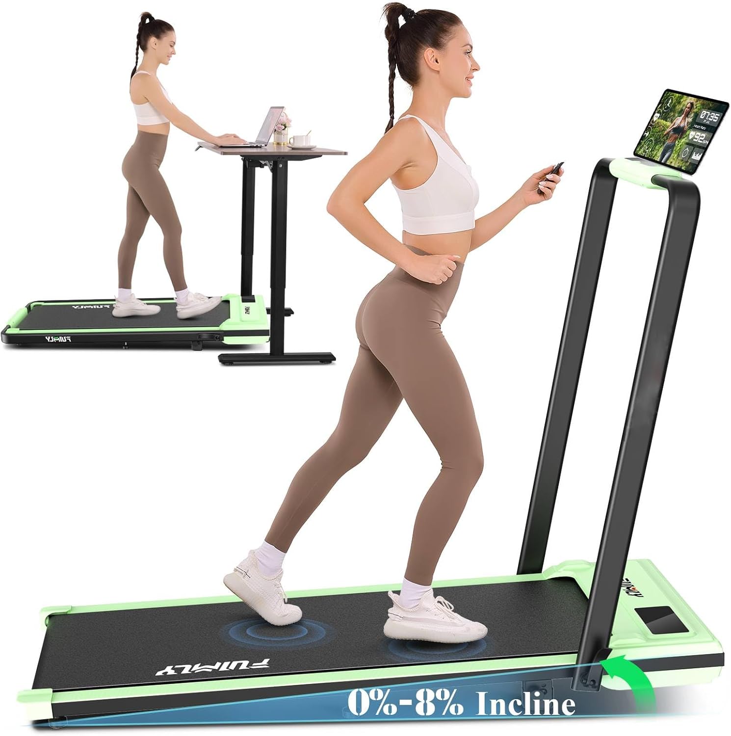 Foldable Treadmill with Incline-Walking Pad with Handle Bar-Portable Walking Pad Treadmill 300+ lb Capacity-Under Desk Treadmills, 4 in 1 Running Machine LED Display/Dual Control