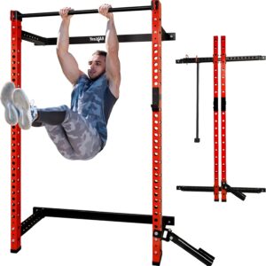 Yes4All 2″ x 2″ Tube with 1″ Hole Space Saving Folding Wall Mounted Squat Rack for Home Gym, 1000lbs Capacity Steel Power Cage with Adjustable Pull-Up Bar, 360 Degree Landmine & Strong Steel J-Hooks