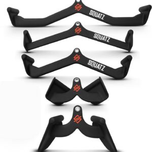 SQUATZ Lat Pulldown Attachments, T-bar, V-bar, Pulley Cable Attachments, Bicep Curl, Tricep Lat pulldown Bar, Mag Grips, Back Strength Training Rubber Coated Handles for Comfort and Grip, Set of 5