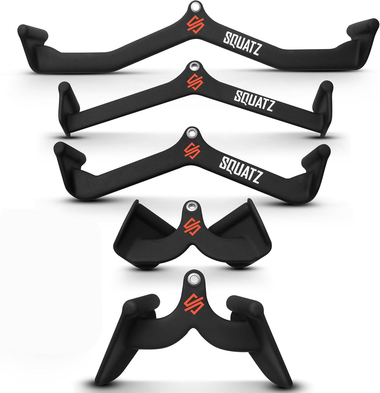 SQUATZ Lat Pulldown Attachments, T-bar, V-bar, Pulley Cable Attachments, Bicep Curl, Tricep Lat pulldown Bar, Mag Grips, Back Strength Training Rubber Coated Handles for Comfort and Grip, Set of 5