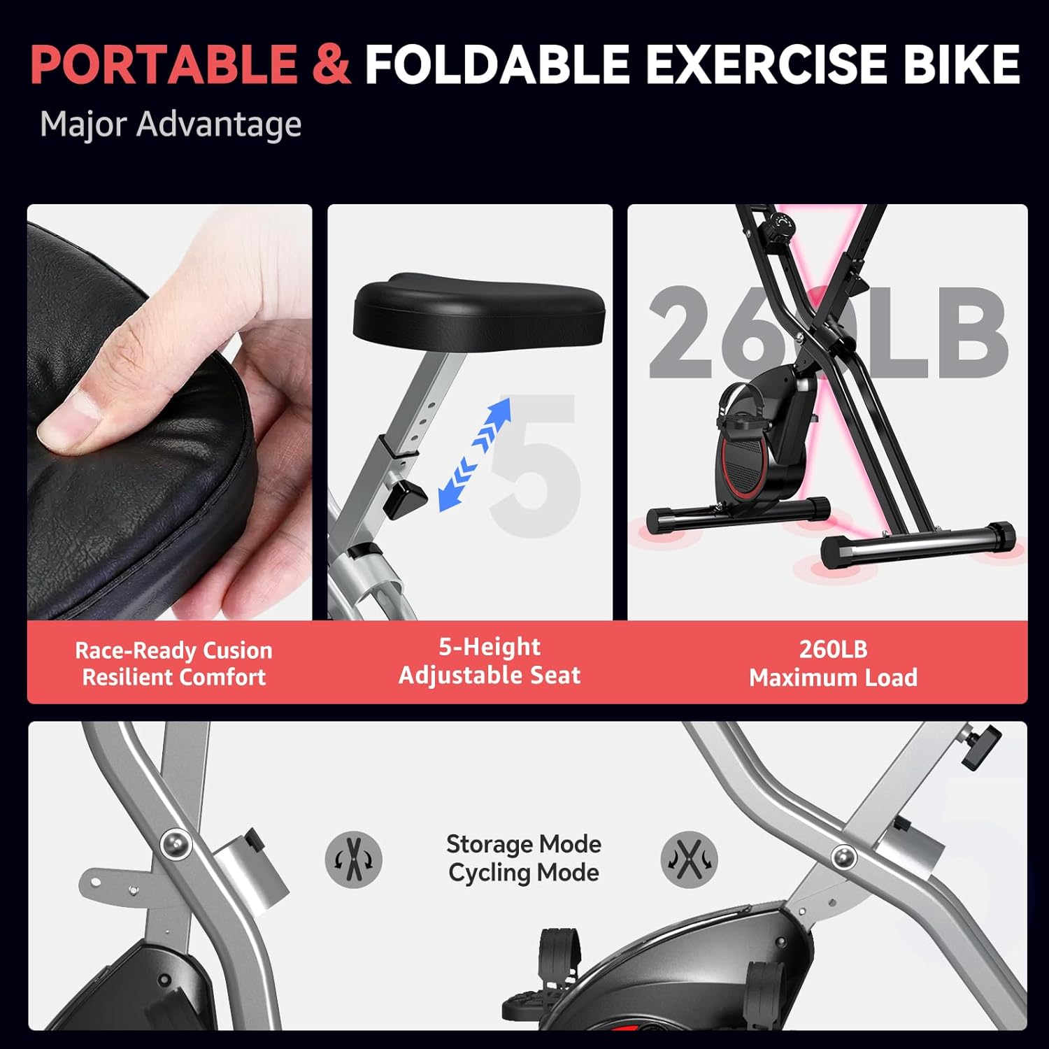 Foldable Exercise Bike for Seniors, Indoor 5 IN 1 Stationary Bike with 16-Level Magnetic Resistance and Tri-Position Ride, 260LBS Capacity, 5.5 LBS Flywheel, Designed for Home Workout 816 - Image 4
