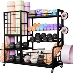 Dumbbell Rack Weight Stand – 4-Tier Adjustable Weight Rack for Dumbbells, Home Gym Storage Rack for Yoga Mat Foam Roller Kettlebells, Workout Equipment Storage Organizer With Wheels